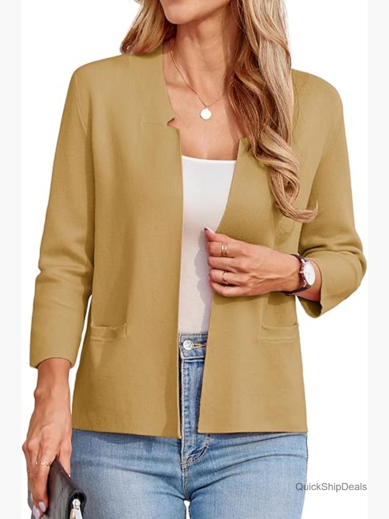 Lightweight Knit Blazer 3/4 Sleeve Cropped Cardigan Notch Collar
